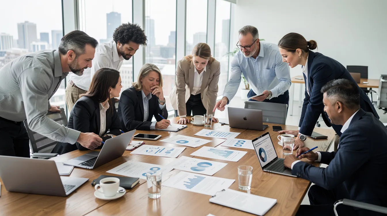 A group of employees is gathered around a conference table in a bright, modern office, collaboratively reviewing documents with laptops and coffee cups in front of them. This scene illustrates the importance of managing resistance to change and fostering a supportive work environment as they discuss organizational dynamics and change initiatives.