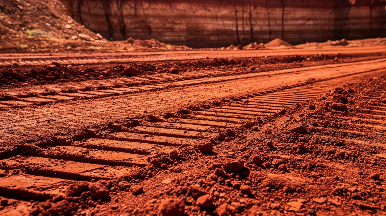A close-up view of rich red clay soil at a construction excavation site in Central Oklahoma, featuring heavy equipment tracks that highlight the compacted texture and layered strata of earth. The image captures the natural sunlight illuminating the soil, reflecting the quality materials used for site preparation in commercial projects.