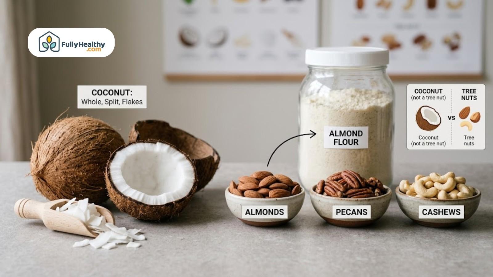 Diagram comparing coconut and tree nuts with labeled almonds, pecans, cashews