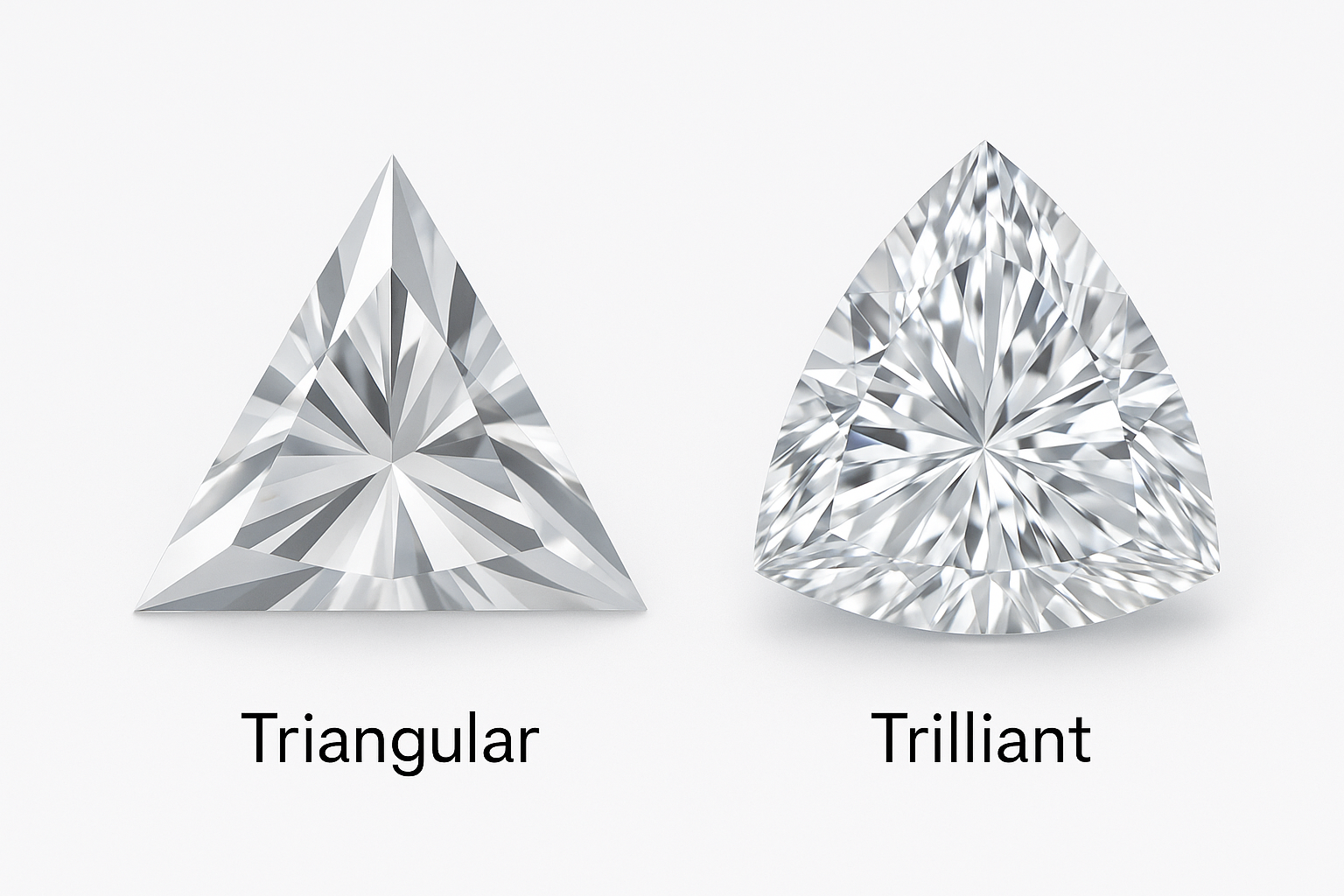 Trillion pjūvio deimantas su užapvalintais šonais ir trikampio pjūvio deimantas su tiesiomis kraštinėmis