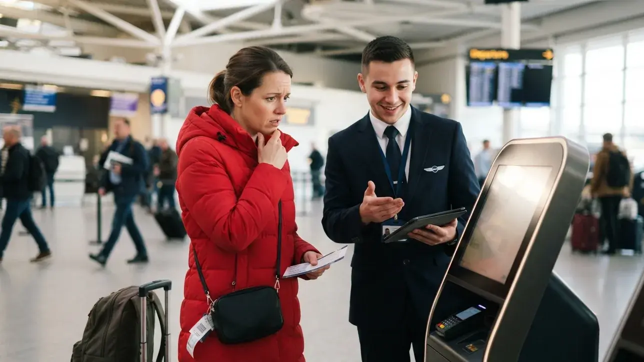 Airport kiosk showing a booking lookup problem during check-in