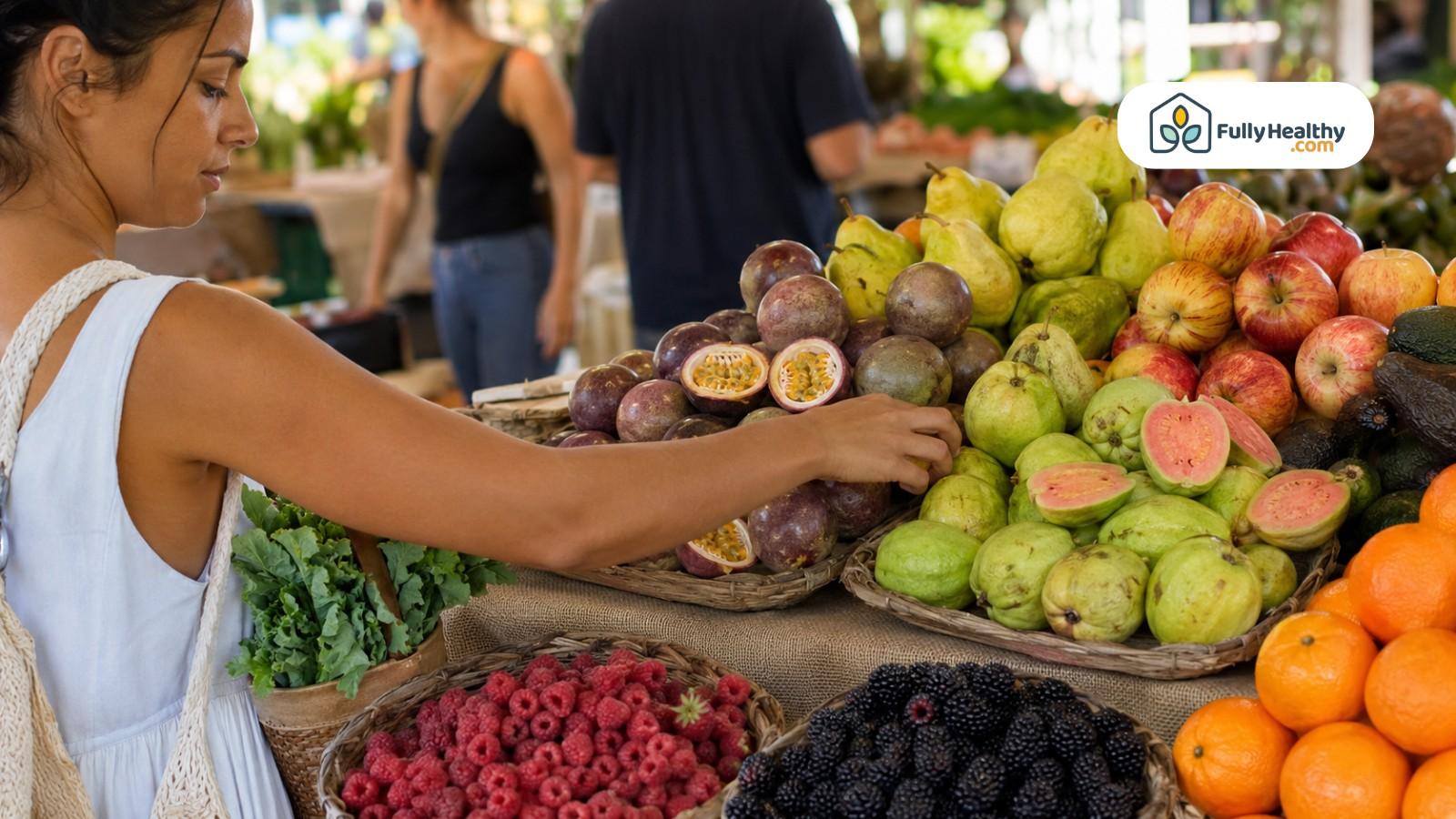 Shopper selecting guava near passion fruit, apples, pears, berries, oranges, and avocados