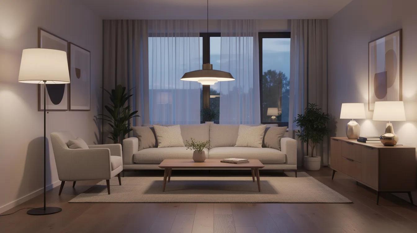 Ett modernt vardagsrum med flera olika ljuskällor, inklusive en stilren takpendel, en elegant golvlampa och flera bordslampor som skapar en varm och inbjudande atmosfär. Rummet är inrett med designade lampor som från populära varumärken som Louis Poulsen.
