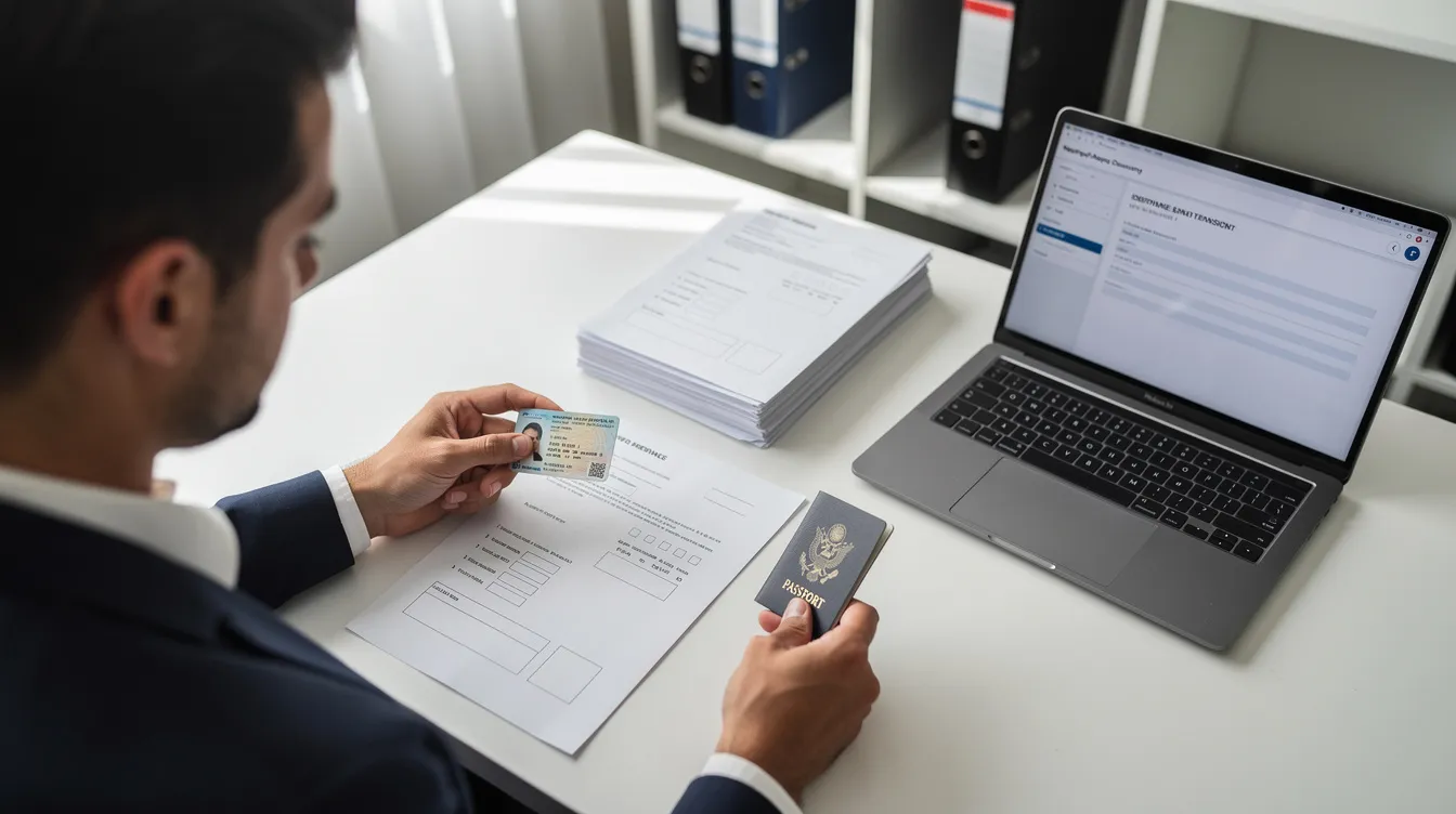 47a56091 73c2 4736 a551 dfd2d8617261 A person is seated at a desk, meticulously examining various identity documents and forms, including bank statements and proof of income, as part of the loan application process for a mudra loan. The individual appears focused on ensuring all necessary documents are in order for loan approval.