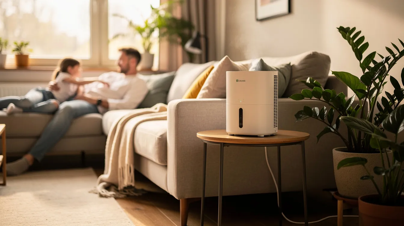The image depicts a warm and inviting indoor space featuring a humidity control solution designed to improve indoor air quality. It emphasizes the importance of maintaining proper humidity levels to reduce indoor air pollutants and enhance the overall indoor environment for better health.