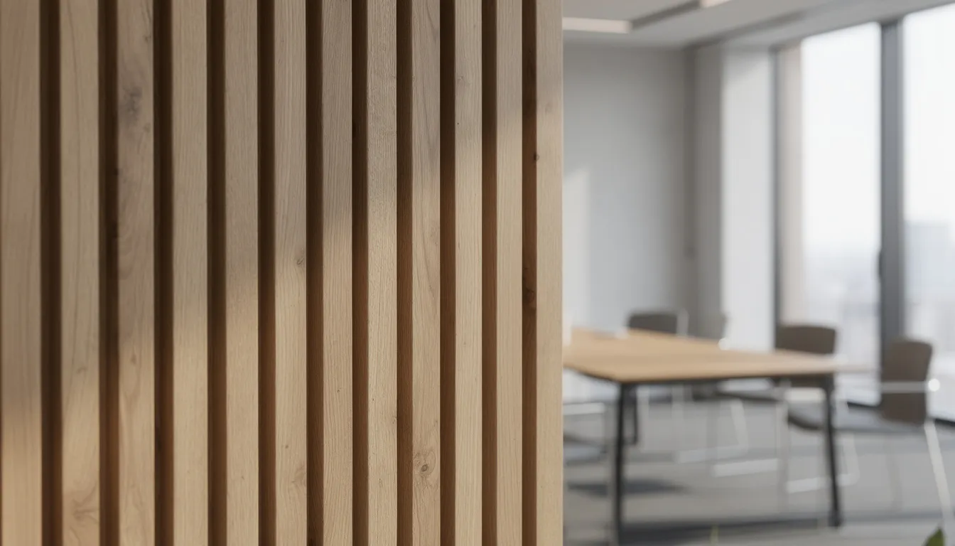 Close-up van een eiken lattenwand in een stijlvolle vergaderruimte, die een luxe uitstraling en natuurlijke uitstraling biedt. De wandpanelen zijn ontworpen om geluid te dempen en dragen bij aan een betere akoestiek in de ruimte.