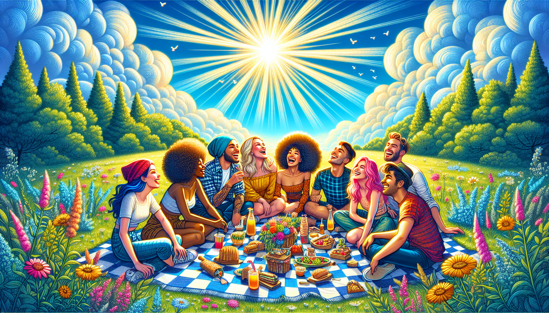 A group of friends enjoying a picnic under a sunny sky