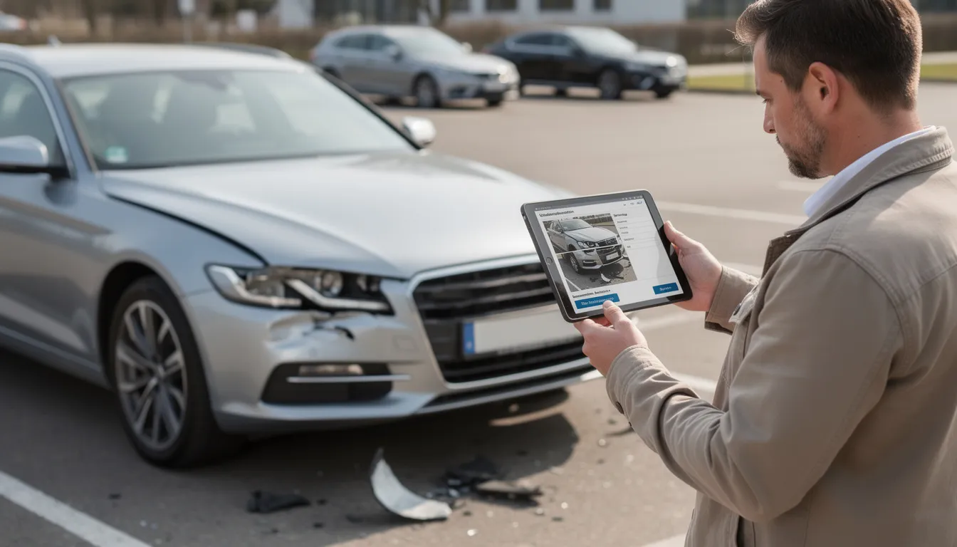 Ein Kfz-Gutachter dokumentiert Fahrzeugschäden mithilfe eines Tablets, während er die Schäden sorgfältig begutachtet. Diese Tätigkeit ist Teil der Gutachtenerstellung für einen Schadensfall, um die notwendigen Informationen für die Versicherung zu sammeln.