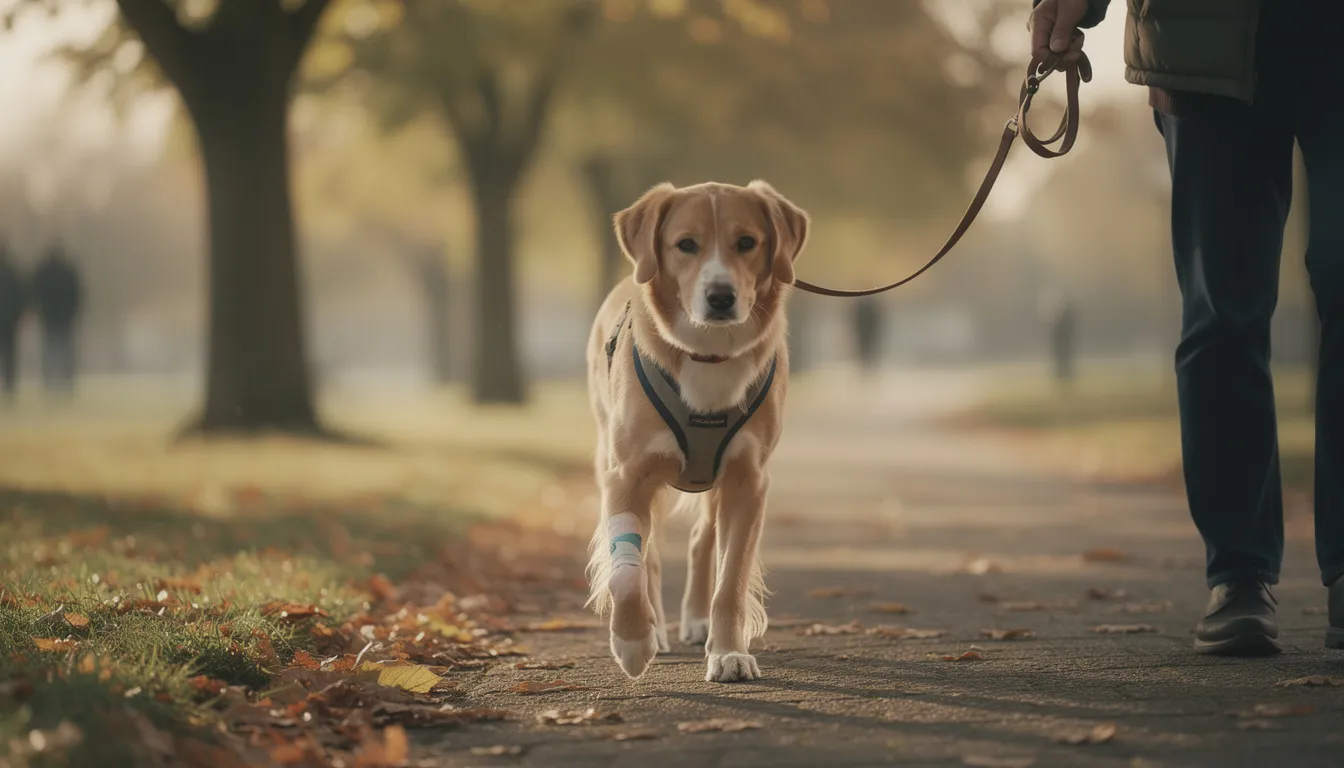 Een gecastreerde hond wandelt rustig in het park, genietend van de frisse lucht terwijl hij herstelt van een recente chirurgische ingreep. De hond straalt een gevoel van ontspanning uit, wat helpt bij het verminderen van ongewenst gedrag na de castratie.