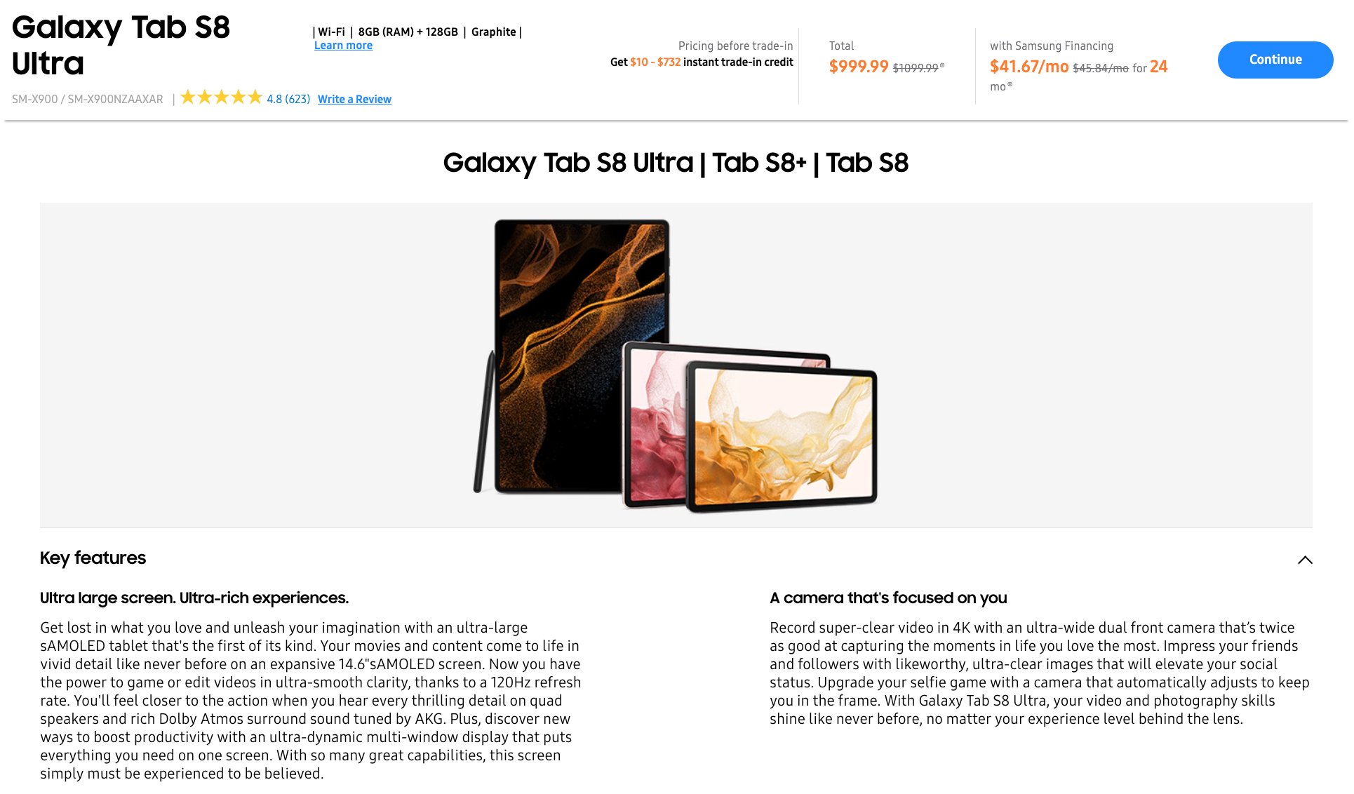 Product description page in the online store of Samsung.com. The website lists the key product features as well as technical specifications