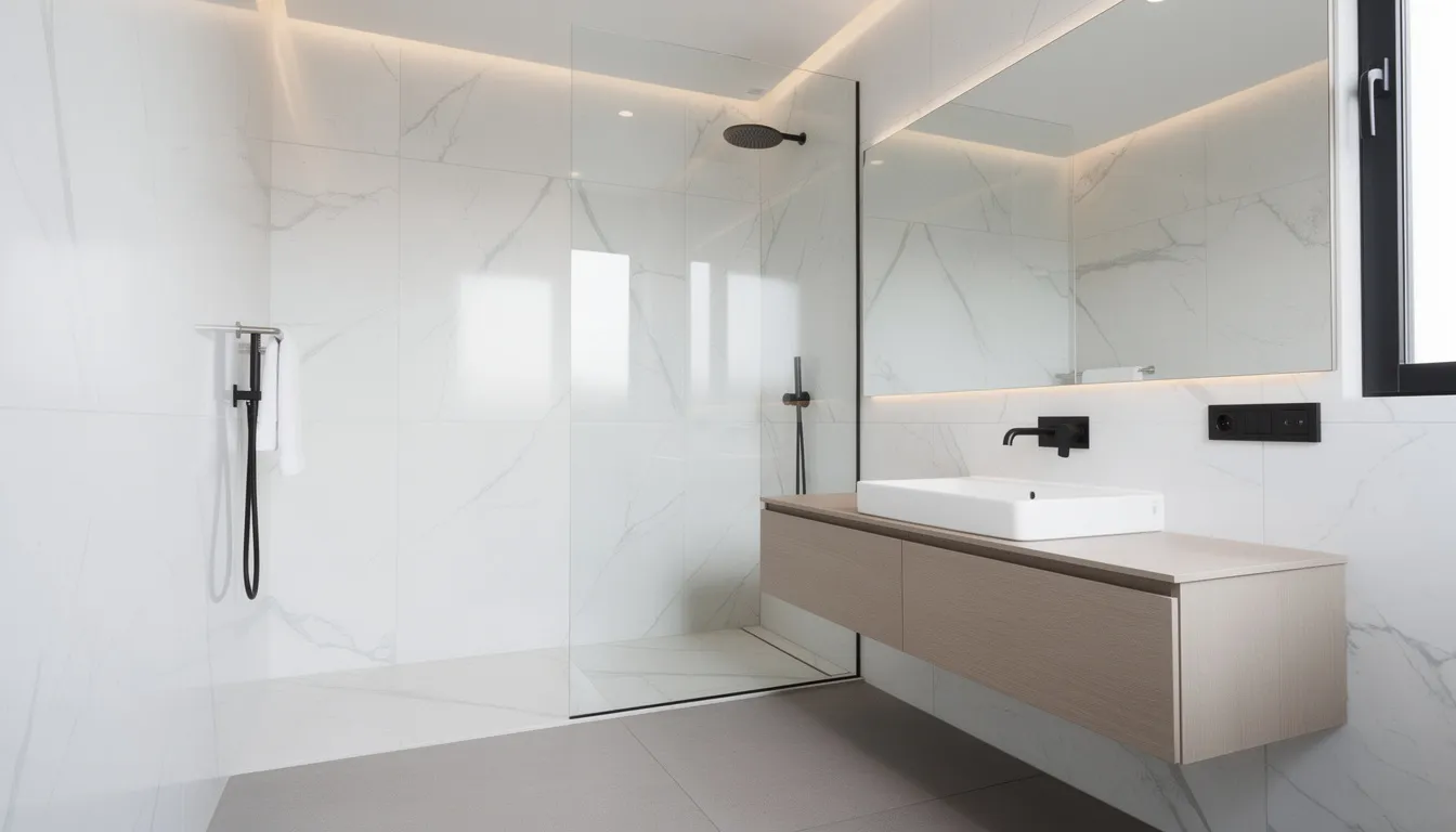 Een moderne badkamer met wandpanelen in witte marmerlook die een eigentijdse uitstraling geven, gecombineerd met stijlvolle zwarte kranen. De strakke afwerking van de wandpanelen creëert een rustige sfeer en past perfect in elke ruimte.