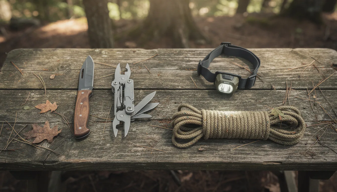 A collection of essential camping tools, including a knife, multi-tool, headlamp, and rope, is neatly arranged on a weathered wooden picnic table at a forest campsite, ready for outdoor adventures and camping trips. These items represent valuable gear for campers looking to explore the wilderness efficiently and safely.