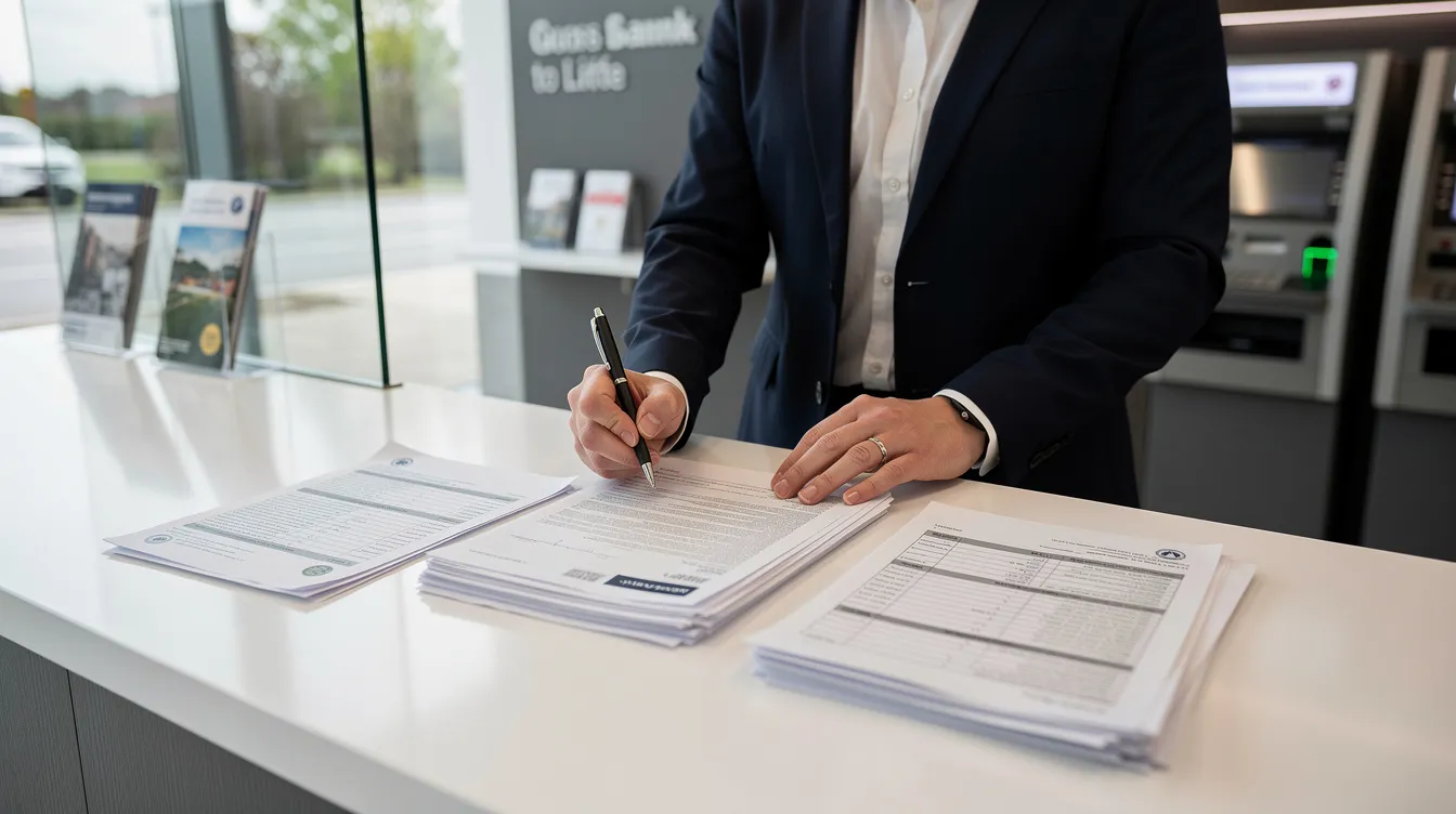 47b865a9 76ad 4f9f b589 9990a3211f2f A person is seated at a bank counter, intently reviewing a stack of official papers while holding a pen, likely assessing their mudra loan application. The scene conveys a sense of diligence as they prepare necessary documents, such as a business plan and proof of business address, for loan approval.