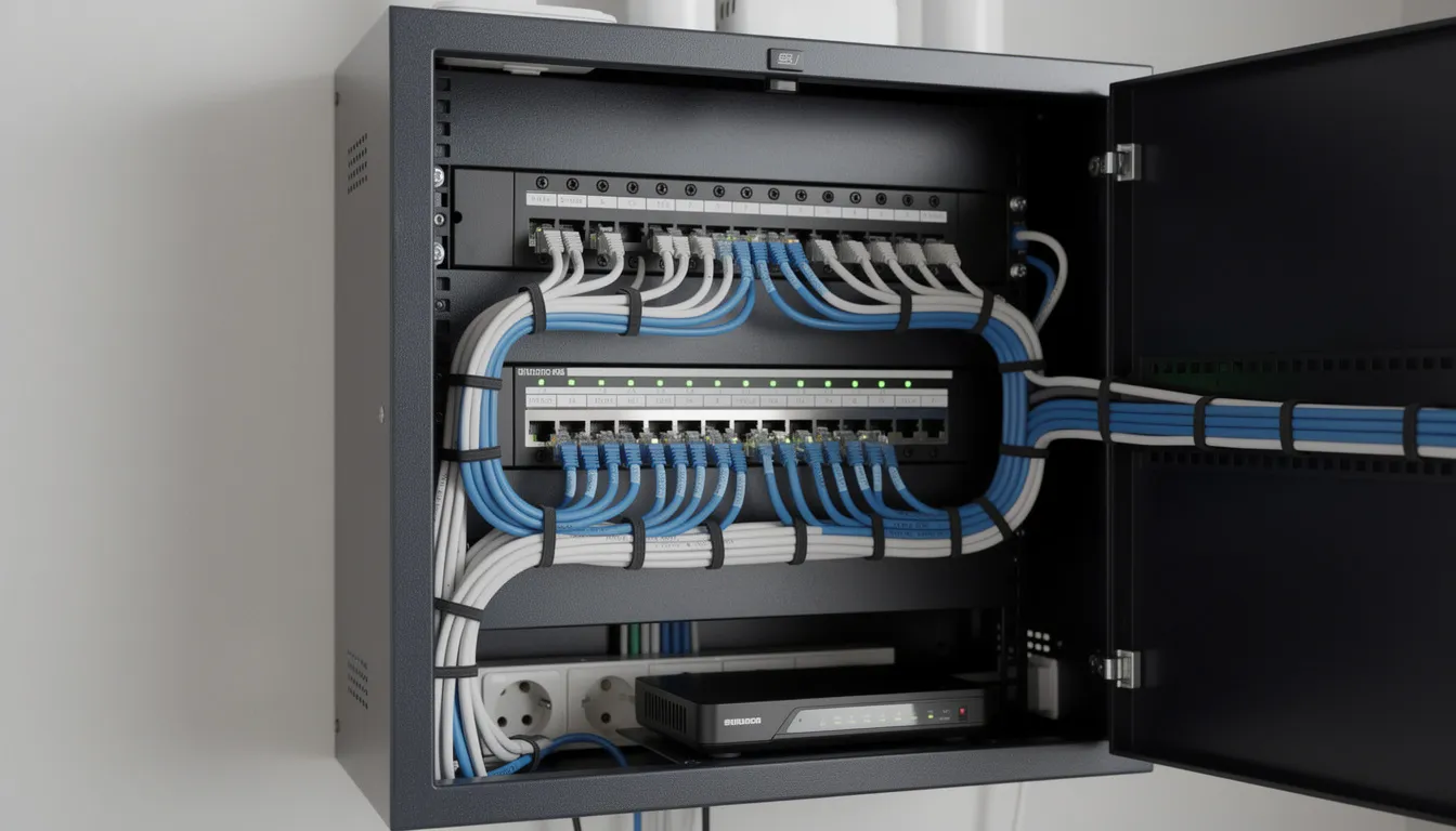 The image depicts a well-organized home network cabinet featuring a patch panel, with neatly arranged data cables and power cables, showcasing an efficient setup for connecting various devices. This tidy arrangement not only enhances the technology's performance but also reflects a thoughtful plan for managing the network in a residential space.