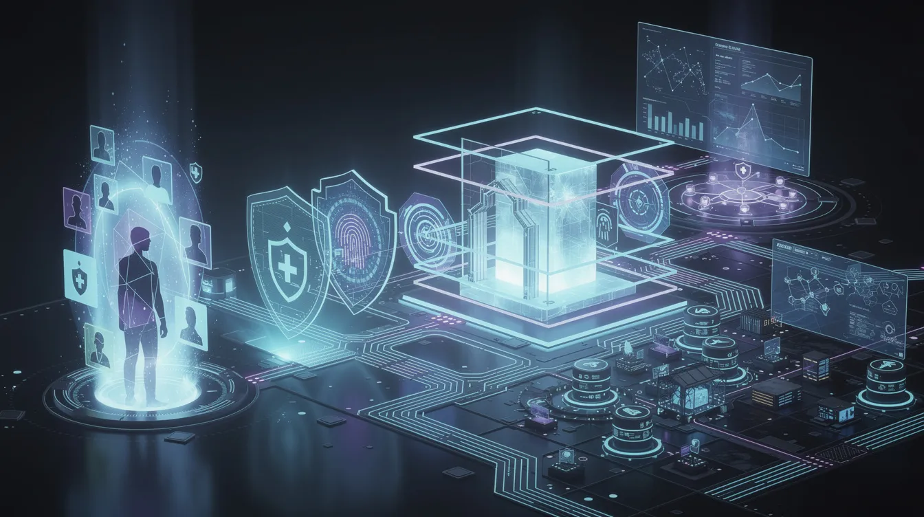 The image depicts a horizontal illustration of the digital identity lifecycle process, featuring elements such as user onboarding, authentication checkpoints, and access control layers, all illuminated with blue neon lighting in a futuristic cybersecurity style. It emphasizes the importance of identity and access management in protecting sensitive data across an enterprise network.