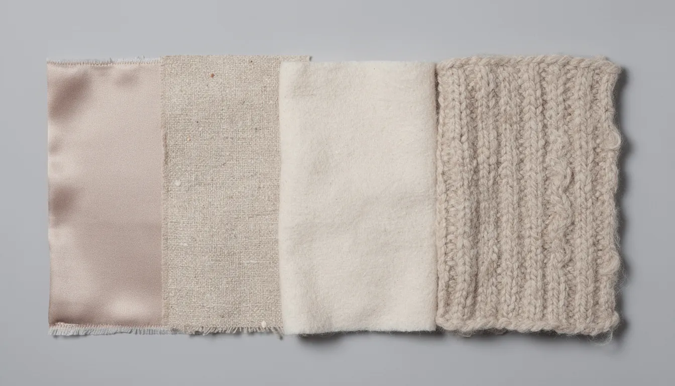 The image displays an array of fabric swatches, showcasing various textures and colors, including modal fabric characterized by its silky softness and breathability. These swatches highlight the differences in texture among modal fibers and other materials, emphasizing the unique properties and luxurious feel of modal garments.