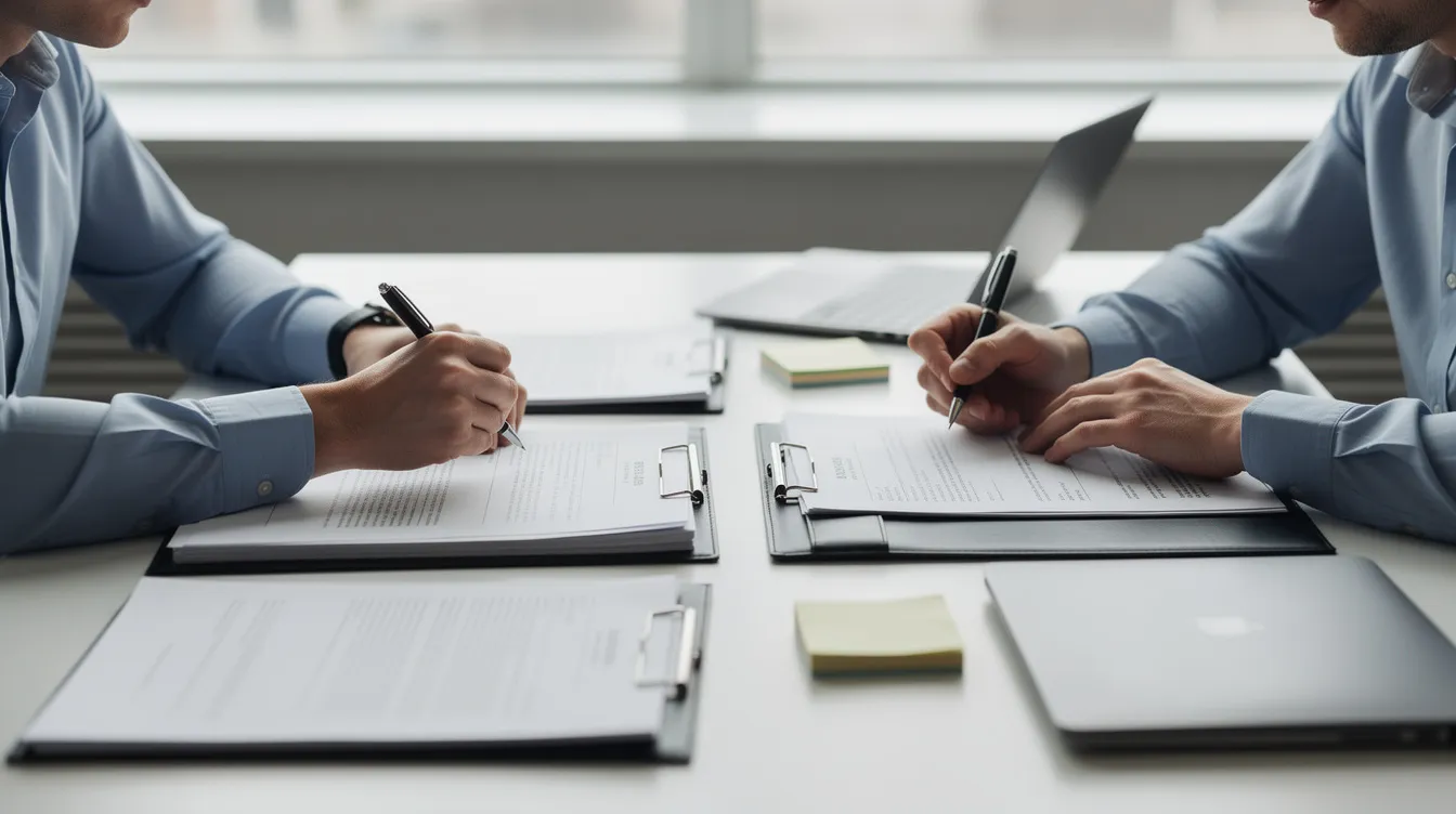 The image depicts two individuals seated at a table, engaged in signing paperwork related to their home sale, with various documents, including a payoff statement for their HELOC, spread out before them. This scene captures the closing process, where they are likely discussing the implications of selling their house on their mortgage and HELOC balances.