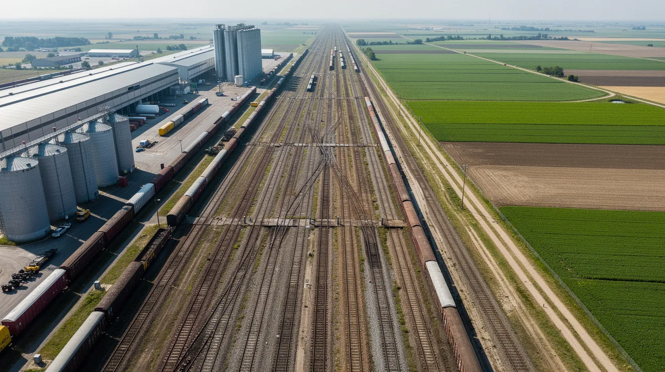 47c071be 761d 4b50 97dd 70e79ea09ac6 An aerial view of a railway yard showcases multiple tracks intersecting with large modern steel silos, indicative of scientific storage for agricultural products. Surrounding the yard, stretches of agricultural land reflect the integration of silo projects and food corporation infrastructure within the country.