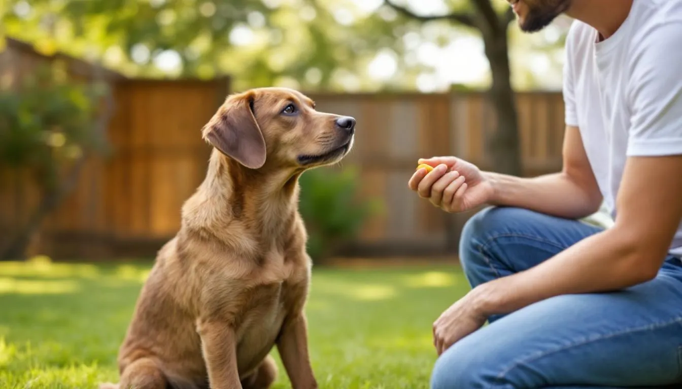 In this image, a dog sits calmly with four paws on the ground while a person approaches, holding treats, demonstrating positive reinforcement during a training session. This scene highlights the dog