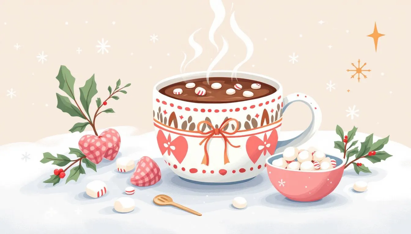 Supplies needed for making a festive hot chocolate kit, including hot chocolate mix and mini marshmallows.