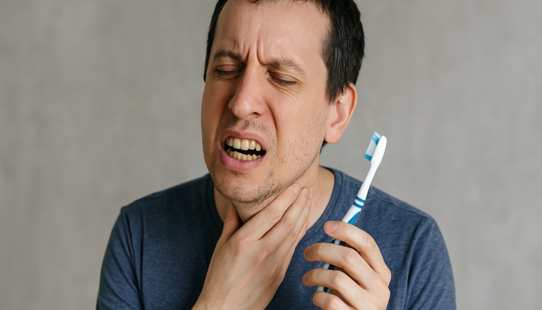 Mann med tannbørste holder halsen og viser ubehag, symboliserer problemer med svelging og tannhelse.