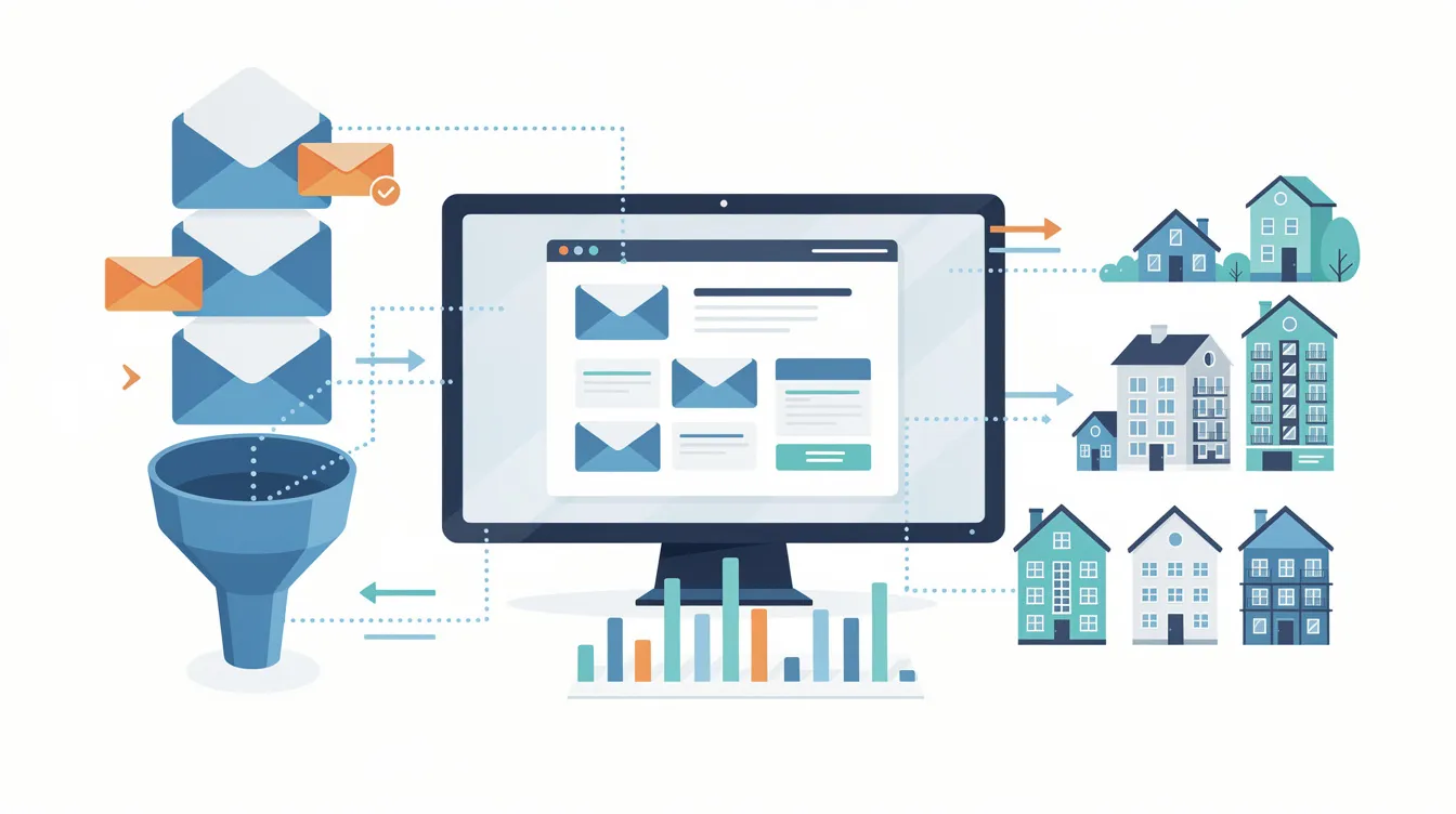 The image depicts an email campaign layout for real estate leads, showcasing various elements like lead capture forms, automated workflows, and visual representations of communication tools, all designed to enhance the follow-up process for real estate agents. The design emphasizes the importance of consistent branding and effective marketing automation to generate high-quality leads and build relationships with potential clients.