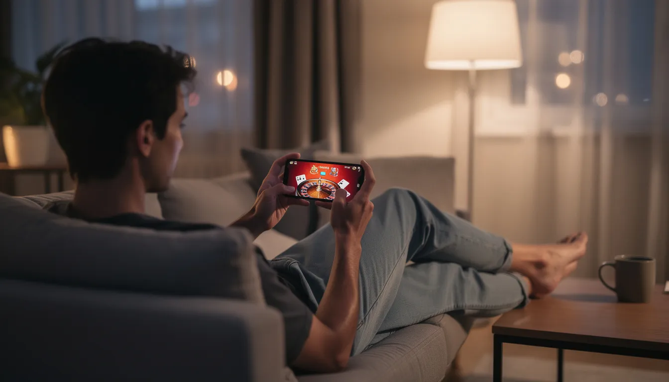 En person sitter avslappnat i en mysig miljö och spelar casino på sin mobiltelefon. I bakgrunden hörs svaga ljud av spel, vilket skapar en känsla av att vara hos Mr Green, där man kan ta del av många spel och bonusar, inklusive free spins och snabba uttag.