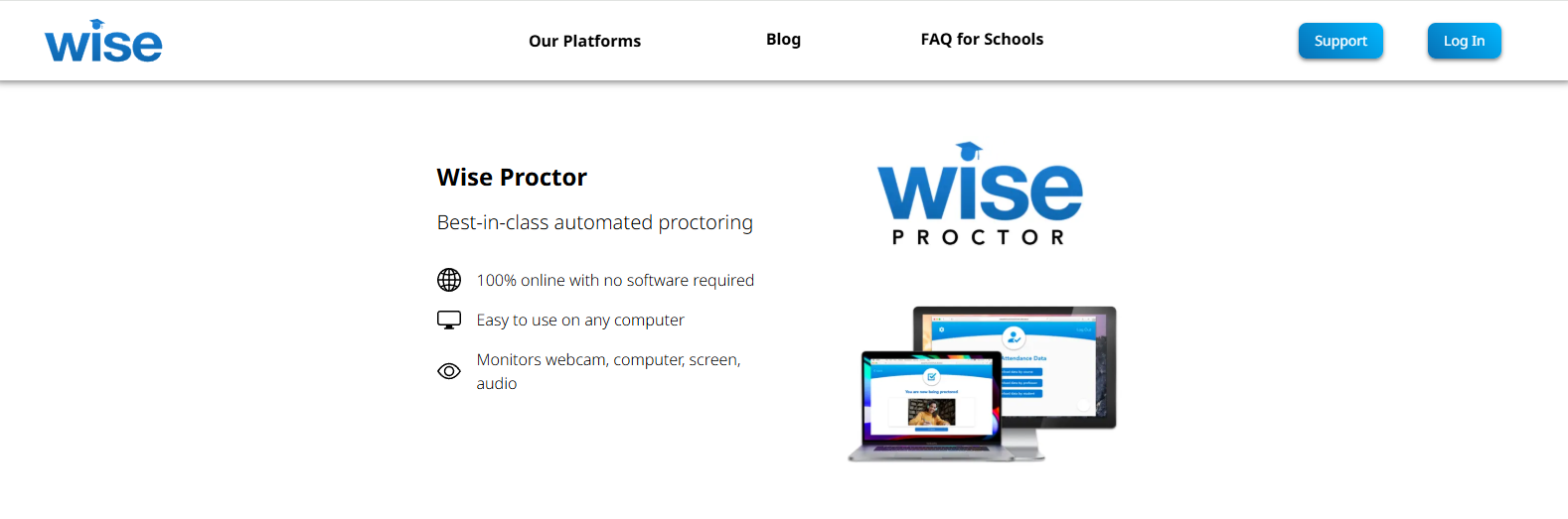 Wise Proctor homepage showcasing automated online proctoring software with webcam monitoring, secure remote exams, and browser-based assessment solutions for schools and institutions.