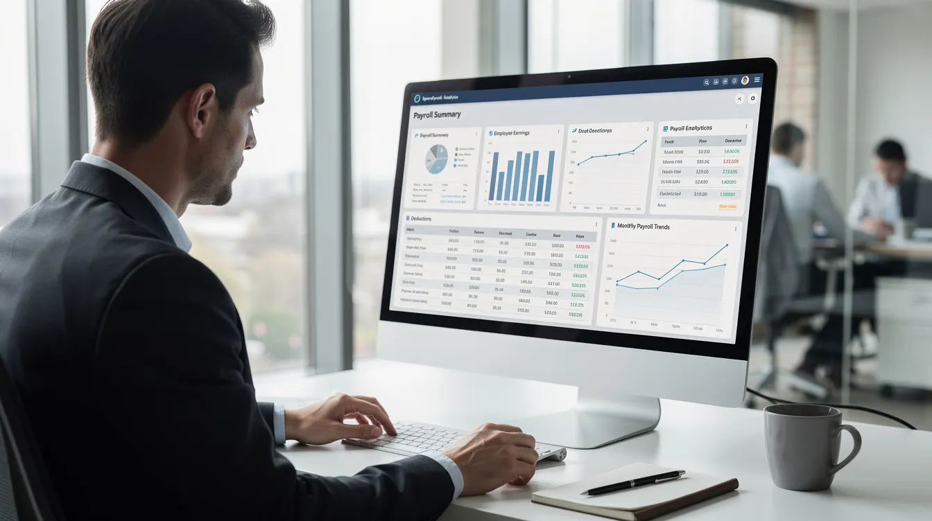 A professional is focused on reviewing a payroll dashboard displayed on a computer screen, which showcases various payroll software features such as payroll expenses, employee wages, and compliance management tools. This image highlights the importance of using the right payroll software to streamline payroll processes and ensure accurate records for business growth.