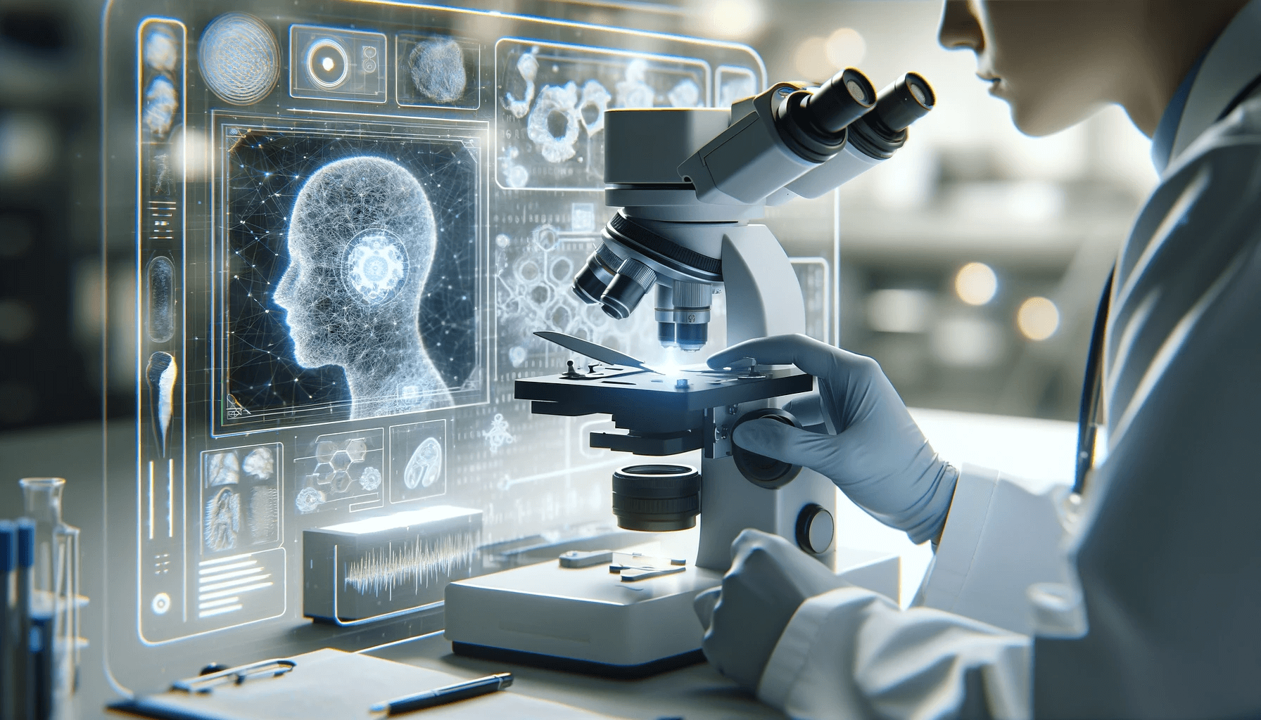 Naukowiec używa mikroskopu obok ekranu z cyfrowym interfejsem AI w nowoczesnym laboratorium.