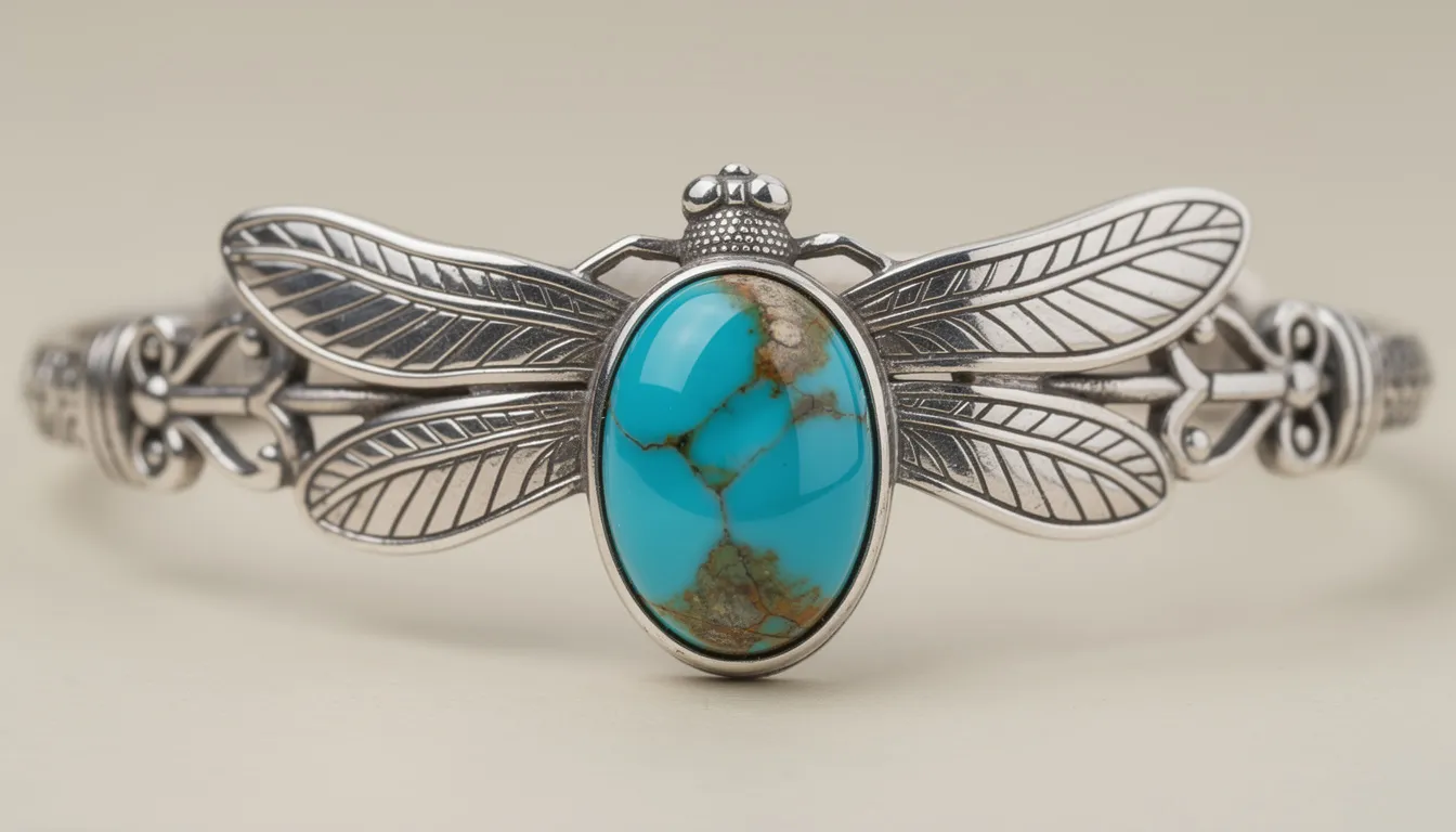 A detailed close-up of a unique silver bracelet featuring a dragonfly motif, accented with a vibrant turquoise stone, showcases the elegance and craftsmanship of sterling silver. This statement piece is perfect for women looking to add a stylish touch to their jewellery collection.