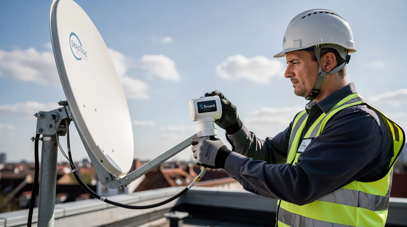 A technician is seen installing a Smart LNB on a satellite dish, ensuring proper alignment for optimal signal reception. This professional installation is crucial for resolving any DSTV signal problems and enhancing the performance of the DSTV decoder.