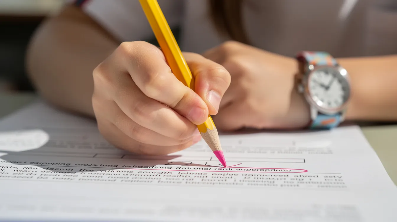 A child's hand is seen holding a pencil, actively underlining words on an exam paper, while wearing a small watch on their wrist. This scene captures the focused work of primary school students during their primary school leaving examination, emphasizing the importance of sustained attention and effective classroom strategies in supporting their learning journey.