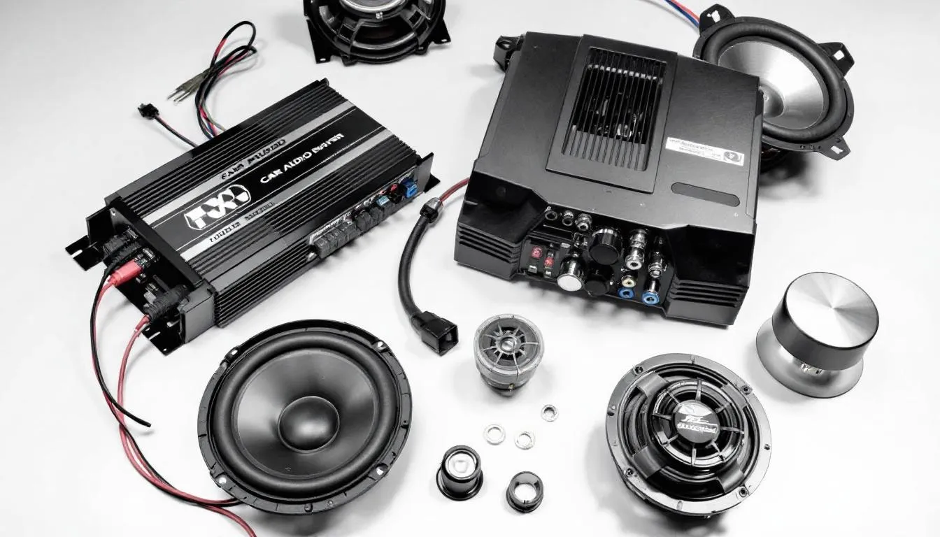 The image features a car audio amplifier and speaker components meticulously arranged for installation, showcasing high-quality gear designed to enhance the vehicle's audio system. This setup promises superior performance, allowing users to experience deep bass and powerful sound during their journey.