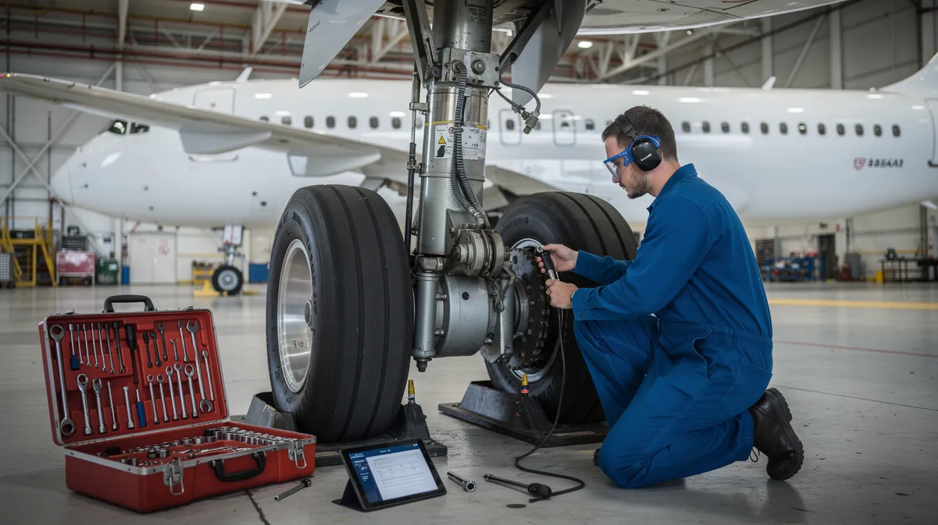 An aviation maintenance student is focused on inspecting and working on the landing gear of an aircraft using various tools, showcasing hands-on training essential for their career as an aviation maintenance technician in a FAA Part 147 program. The scene highlights the practical skills required for maintaining critical aircraft systems in a community college setting.
