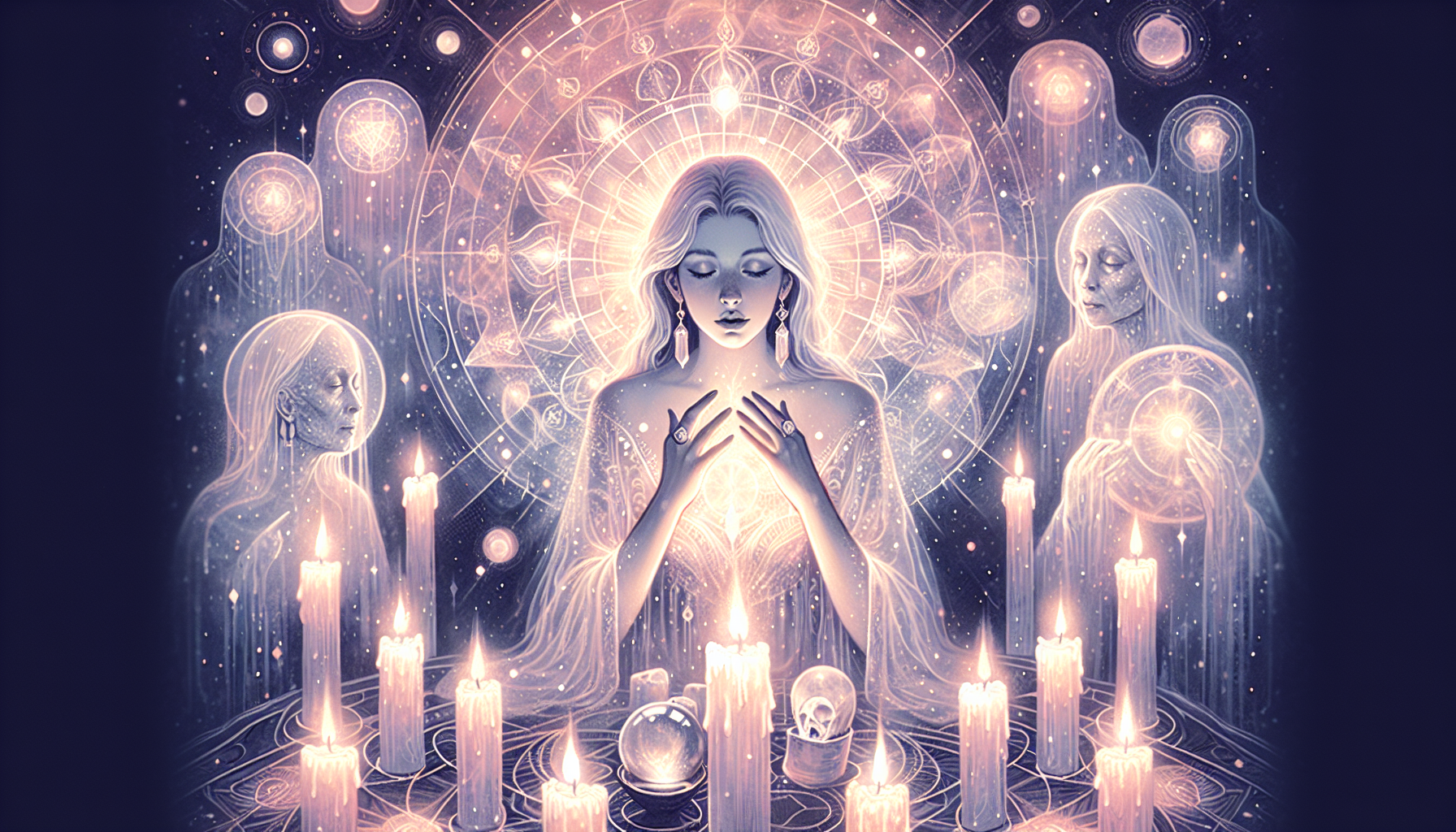 Illustration of a psychic medium connecting with spirit guides and receiving messages