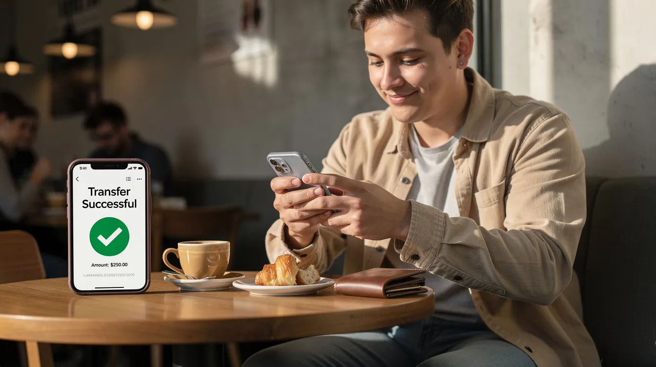 A person is seated at a cafe table, focused on their smartphone, which displays a money transfer confirmation screen, highlighting the convenience of financial services such as savings and checking accounts offered by commercial banks. This scene reflects the modern banking experience, where customers can easily manage their accounts and transactions on-the-go.