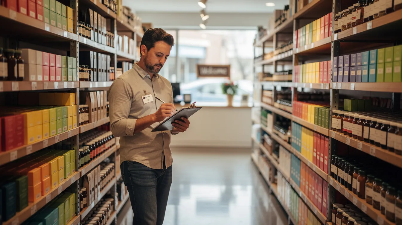47c94e7c 037a 4339 ba3a fd4ab72cff34 The image depicts a small business owner meticulously checking inventory on neatly organized shelves within a store, reflecting the importance of managing direct costs and gross profit margin for maintaining the company's financial health. This scene highlights the practical aspects of running a business, essential for ensuring profitability and effective cash flow management.