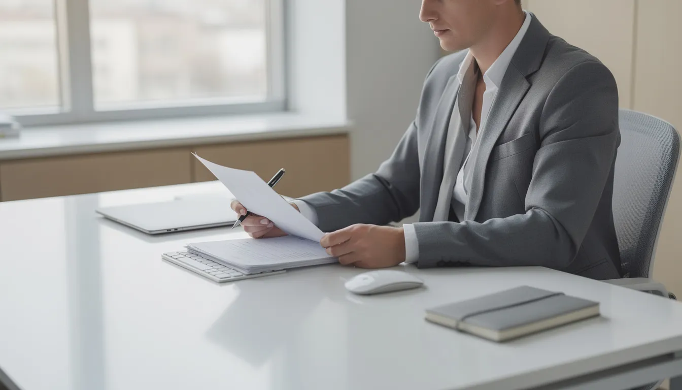 A professional is seated at a clean, modern desk, reviewing documents related to job applications and resumes in the context of the hiring process. The setting suggests a focus on optimizing applicant tracking systems (ATS) to ensure candidates meet specific job descriptions and relevant skills for successful job hunting.