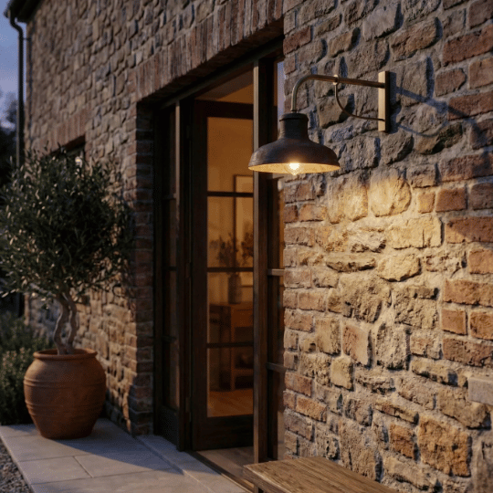 Rustic vintage outdoor wall light with metal shade and warm bulb mounted on a stone exterior wall, timeless vintage lighting idea.