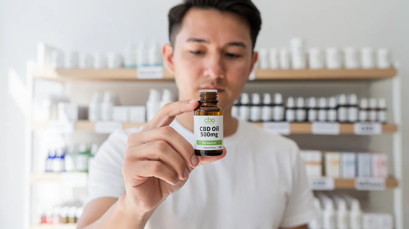 A person is standing in a bright retail store, intently reading the product label on a small CBD bottle, surrounded by various hemp-derived products. The setting suggests a focus on consumer safety and compliance with Texas CBD laws, highlighting the importance of understanding the legal status of CBD products.