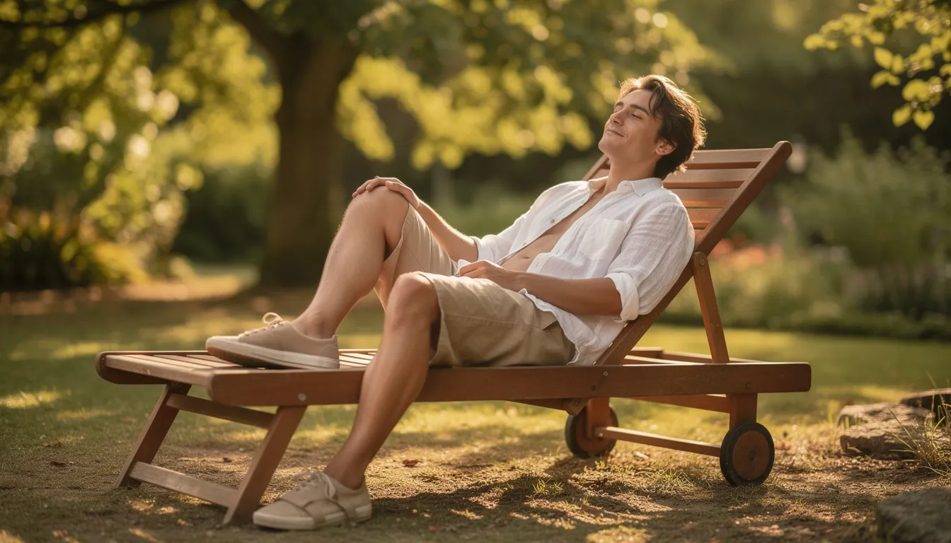 A person is relaxing outdoors on a warm summer day, wearing a casual linen button-up shirt that showcases linen's breathable nature and natural fibers. The light fabric drapes comfortably, highlighting its timeless appeal and suitability for warm climates.