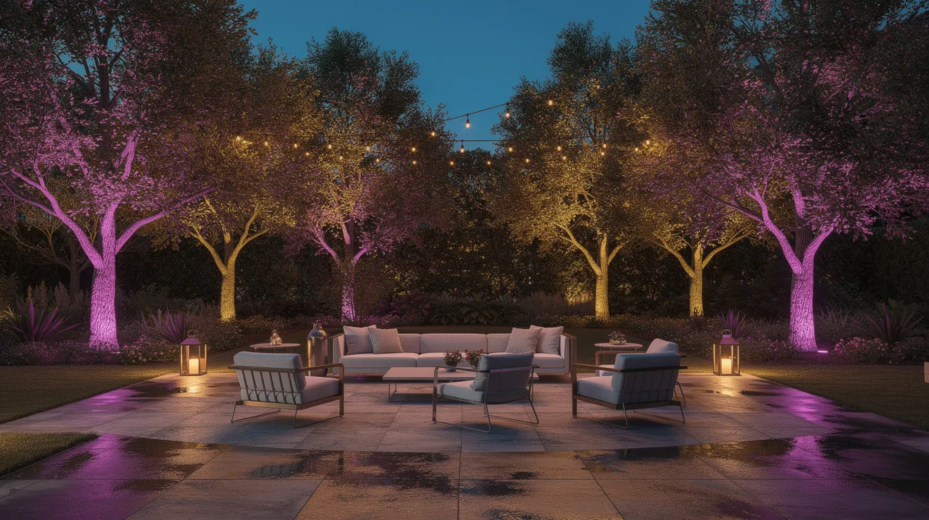 The image depicts an outdoor evening event space in the North Loop, illuminated by purple and gold ambient lighting that enhances the trees and patio area. This inviting setting is perfect for fans to gather, enjoy drinks and snacks, and cheer for their favorite teams during watch parties and final matches on a big screen.