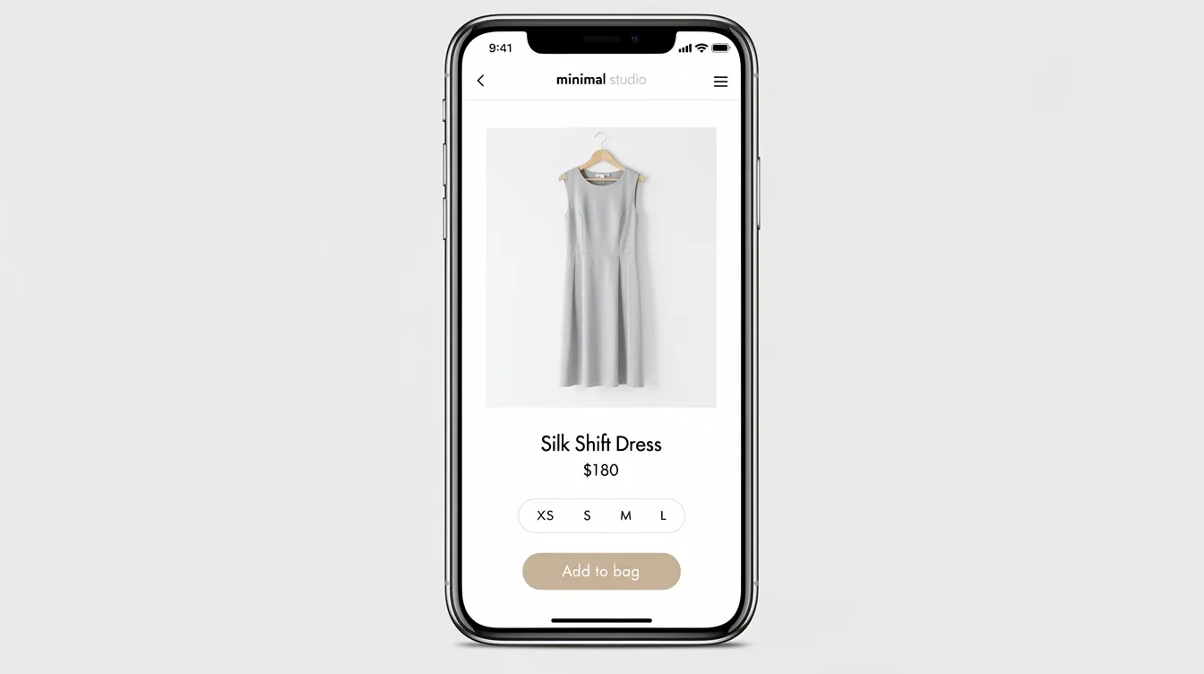 A smartphone screen showcases a minimalist fashion product page featuring clean imagery and a user-friendly layout, ideal for an online store. This design exemplifies effective Shopify store development, catering to established fashion brands seeking a seamless shopping experience.