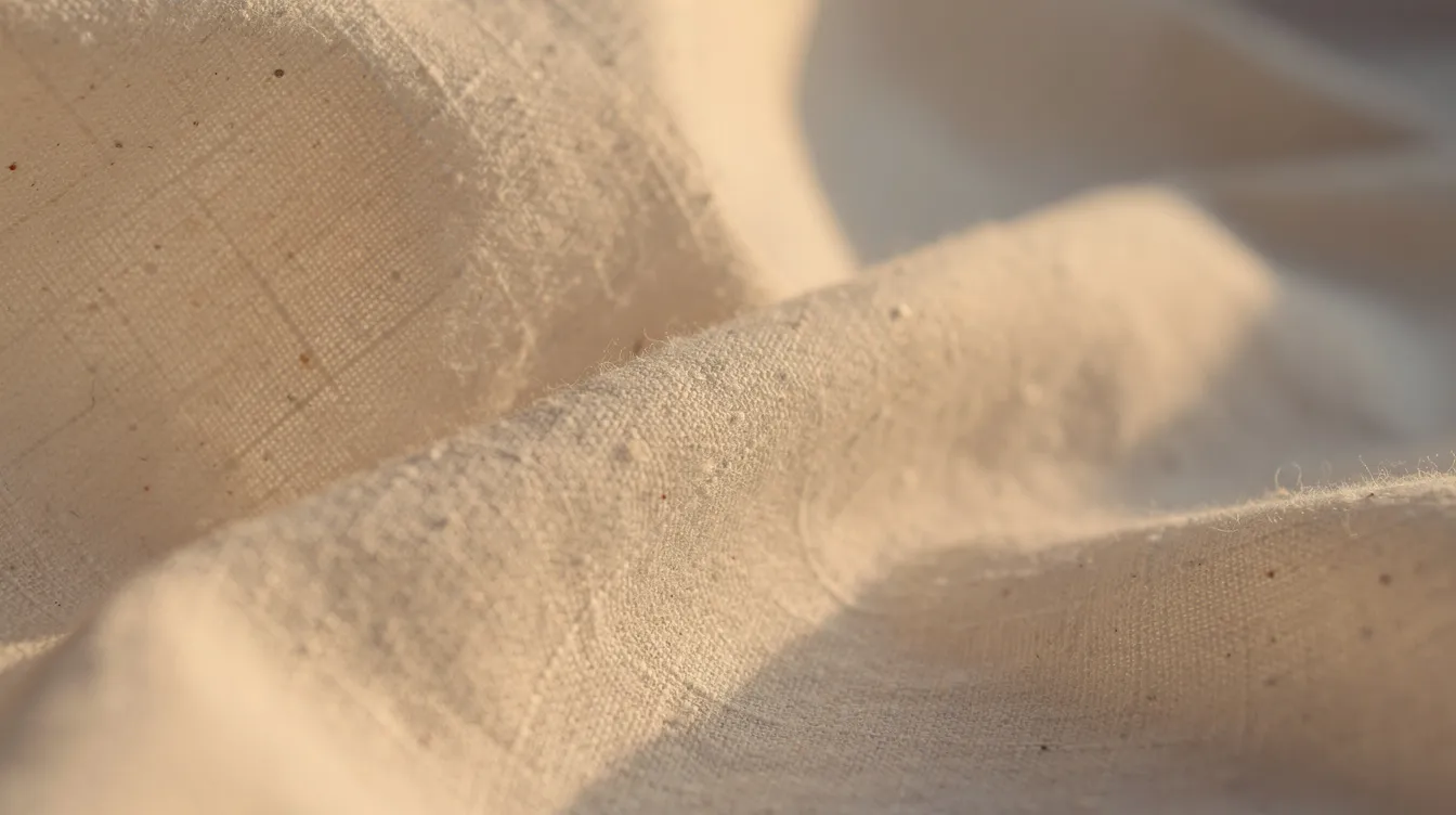 A close-up view of lightweight cotton fabric, softly draped and catching golden sunlight, showcases its natural texture and gentle folds. This breathable material is perfect for resort wear, offering a relaxed and stylish option for warm weather beach vacations.
