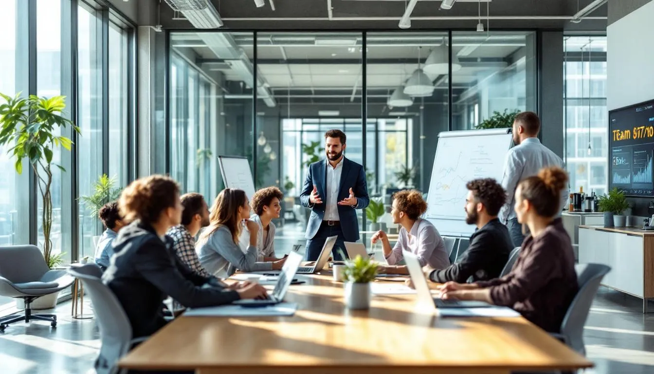 In a modern office environment, a diverse group of professionals engages in collaborative discussions, showcasing leadership development in action. Senior leaders and emerging leaders work together, emphasizing teamwork and strategic thinking to enhance their leadership skills and drive effective business outcomes.