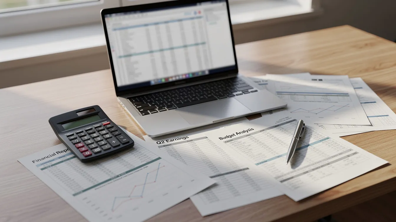 The image features a calculator, a laptop, and a pen placed on a desk, surrounded by various financial documents related to property management. This setup illustrates the importance of effective financial management in tracking rental income, managing cash flow, and ensuring accurate financial reporting for property owners and property managers.