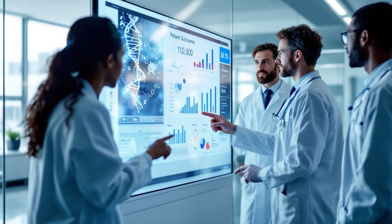 A medical research team is collaborating around a large screen that displays genomic data visualizations and patient outcome analytics, emphasizing the importance of analyzing clinical data to improve patient care and healthcare outcomes. The scene highlights healthcare professionals engaging with electronic health records and data analysis tools to derive valuable insights for quality improvement initiatives.