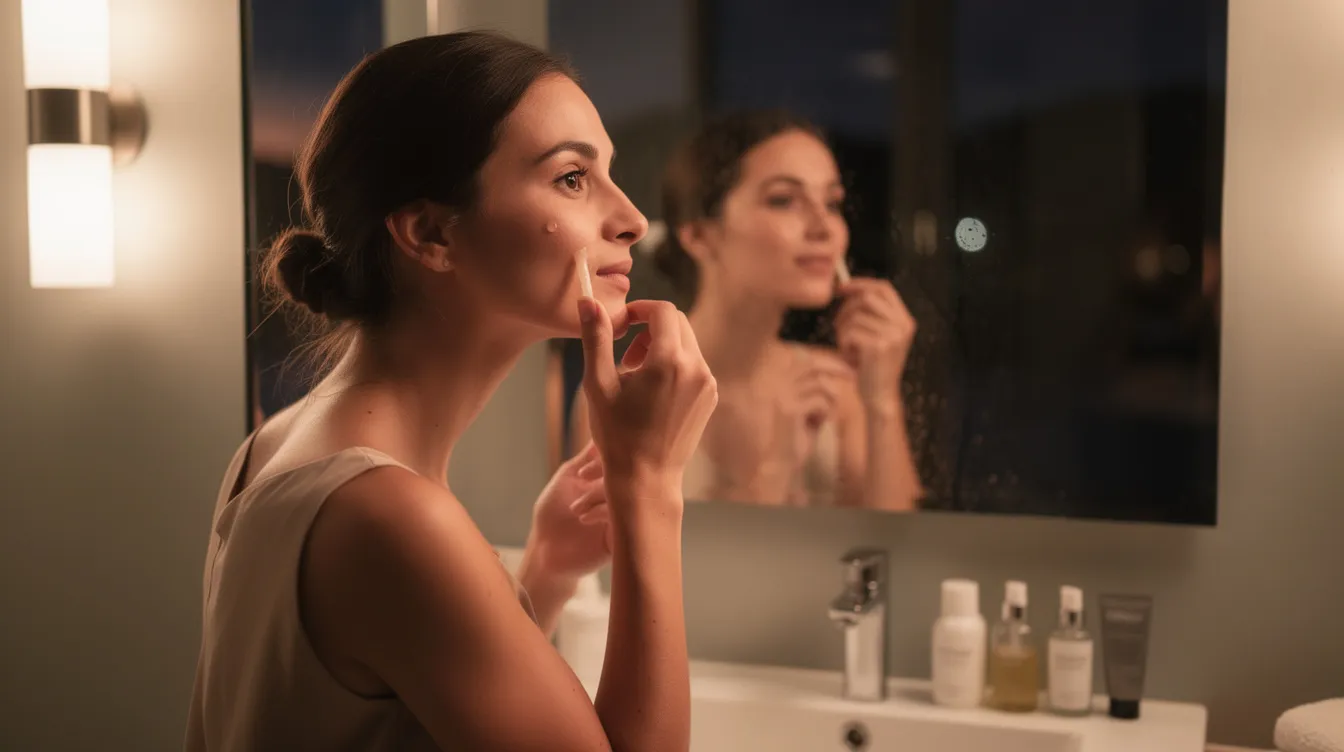 A woman is seen in a softly lit bathroom mirror, gently applying a pea-sized amount of retinol serum to her cheek as part of her nighttime skincare routine. The image highlights her focus on achieving smoother skin texture and addressing uneven skin tone.