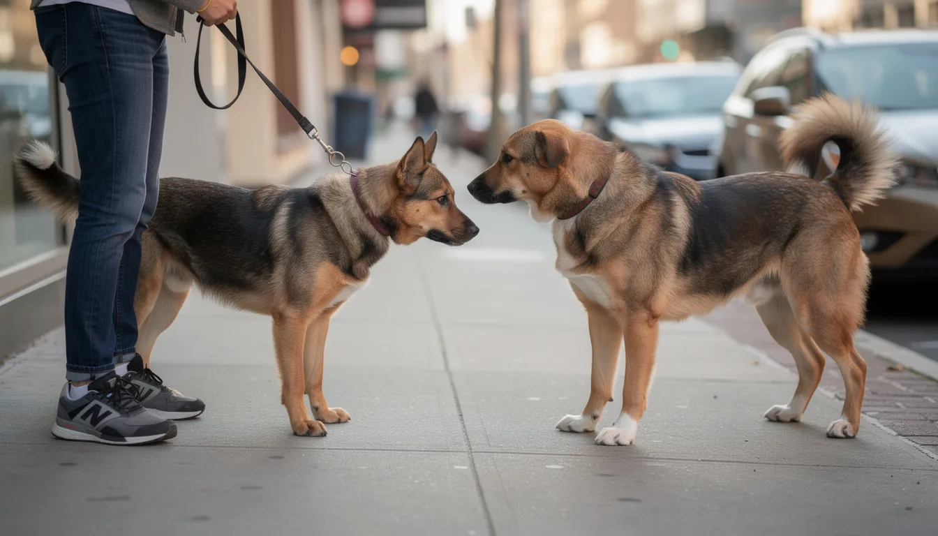 Na chodniku spotykają się dwa psy na smyczach, z jednym z nich odwracającym głowę, co może być sygnałem do zrozumienia jego mowy ciała. Pies, który odwraca głowę, może komunikować swoje emocje i potrzebę przestrzeni w tej sytuacji.